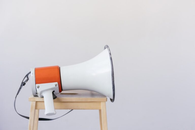 Megaphone standing on a wooden stool