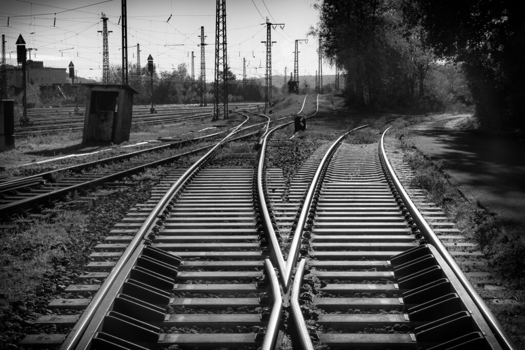 Railway tracks meeting at a switch